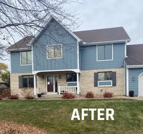Blue house exterior with "after" text.