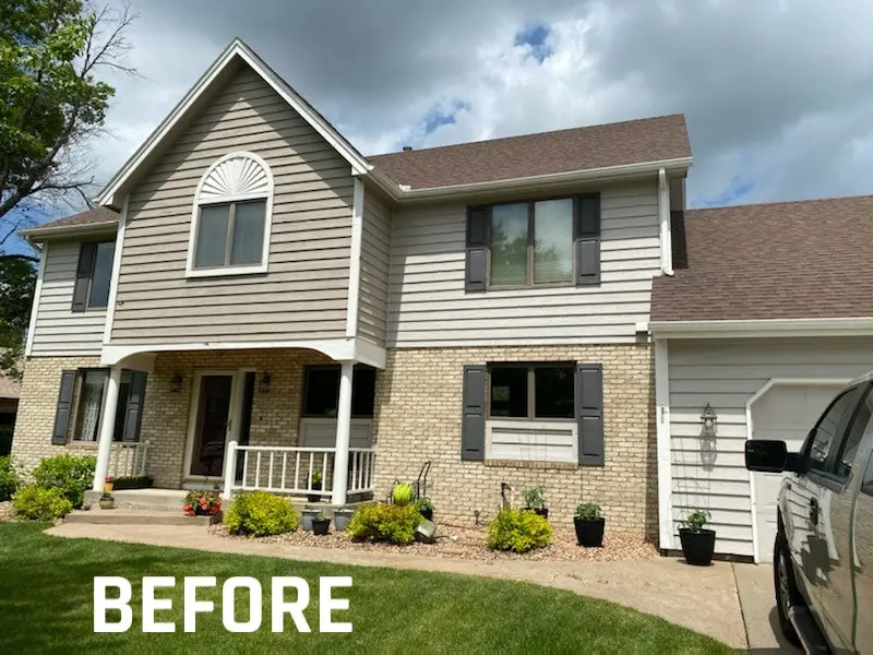 Two-story house exterior with "before" text.