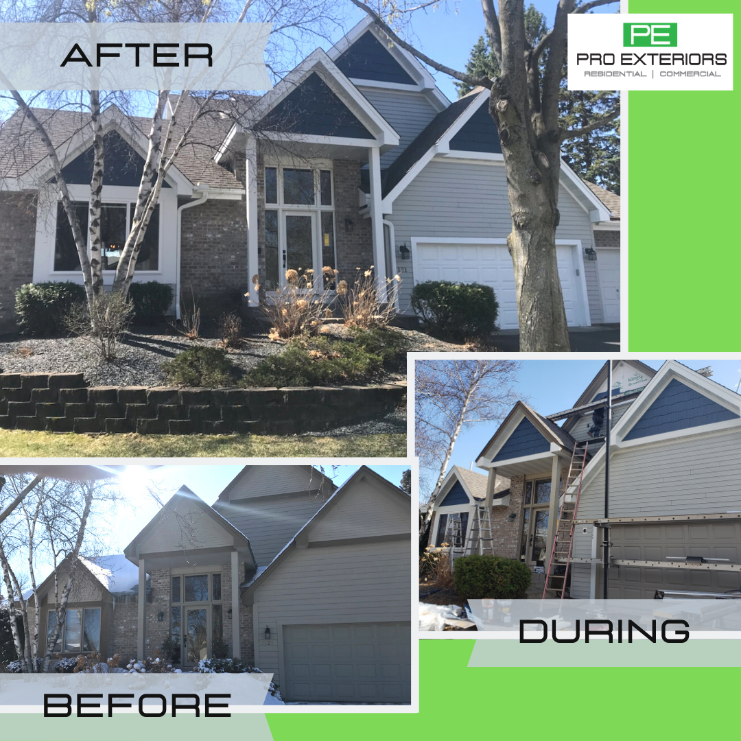 House exterior before, during, and after renovation.