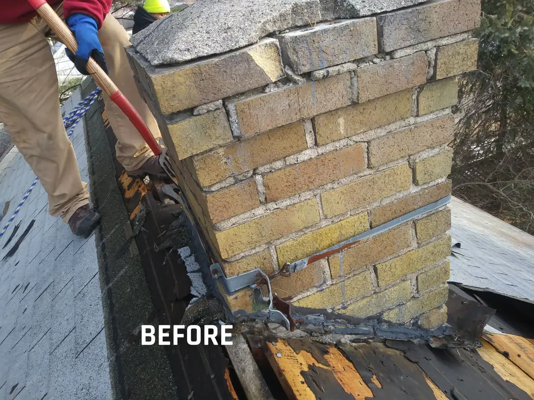 Leaning chimney on damaged rooftop, "Before" stage.